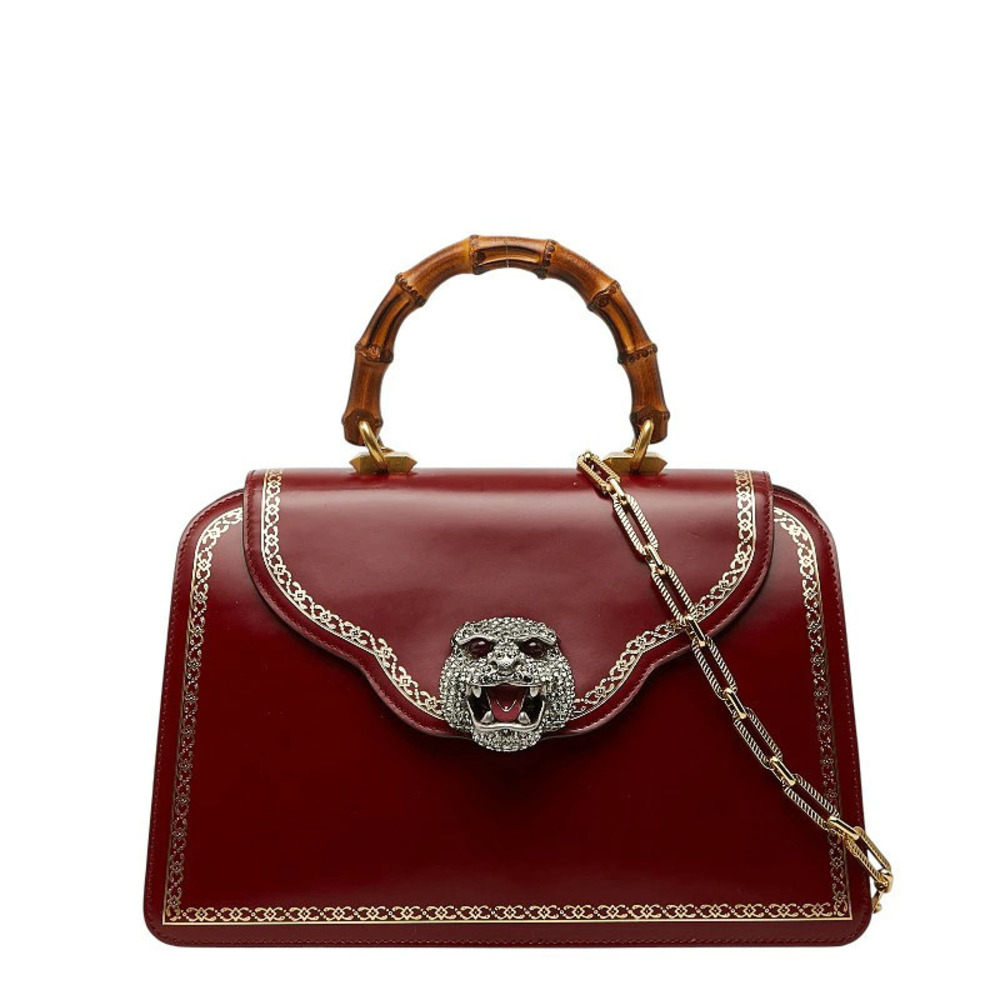 Gucci Bamboo Tiger Head Handbag Chain Shoulder Bag Red Leather Rhinestone